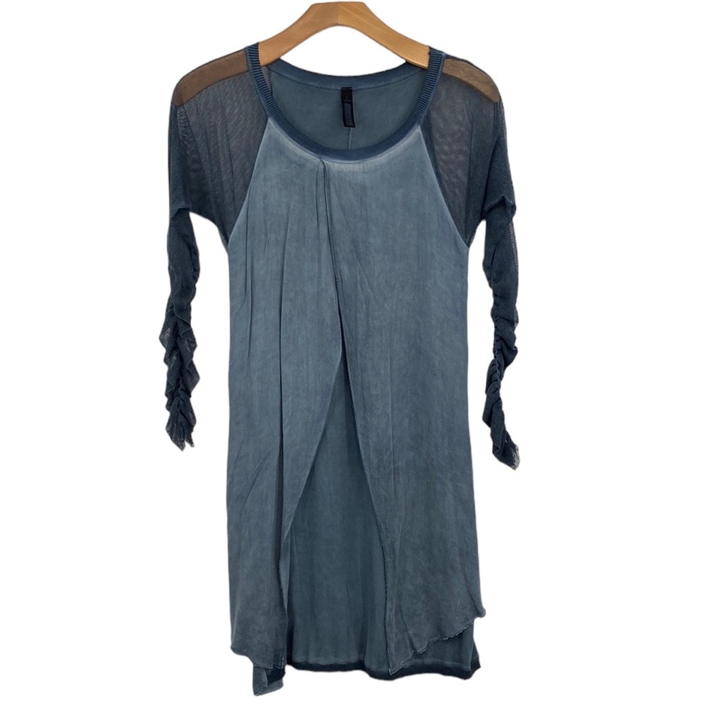 ONZ Ruched Sleeve Tunic Dress Womens Size Small Blue Lagenlook‎ Long Sleeve Mesh